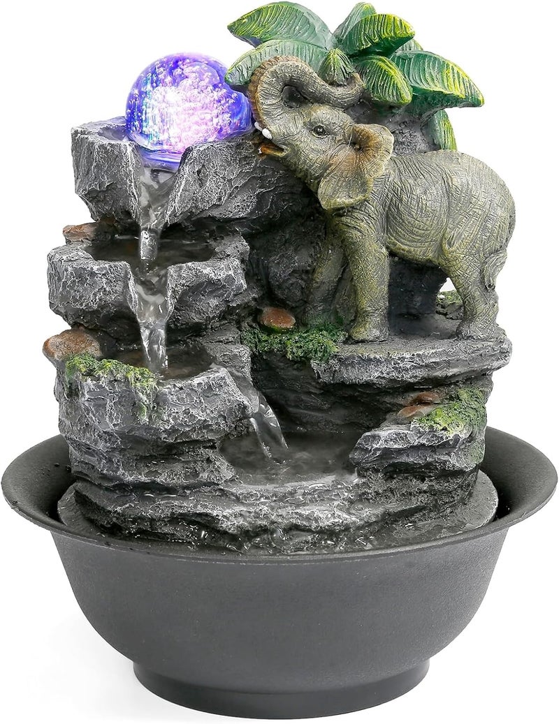 BEAMNOVA Tabletop Fountain,Relaxation Water Feature Feng Shui Indoor Fountain of Elephant Sculpture with Colorful Spinning Ball for Home Office Desktop Décor - Image 1
